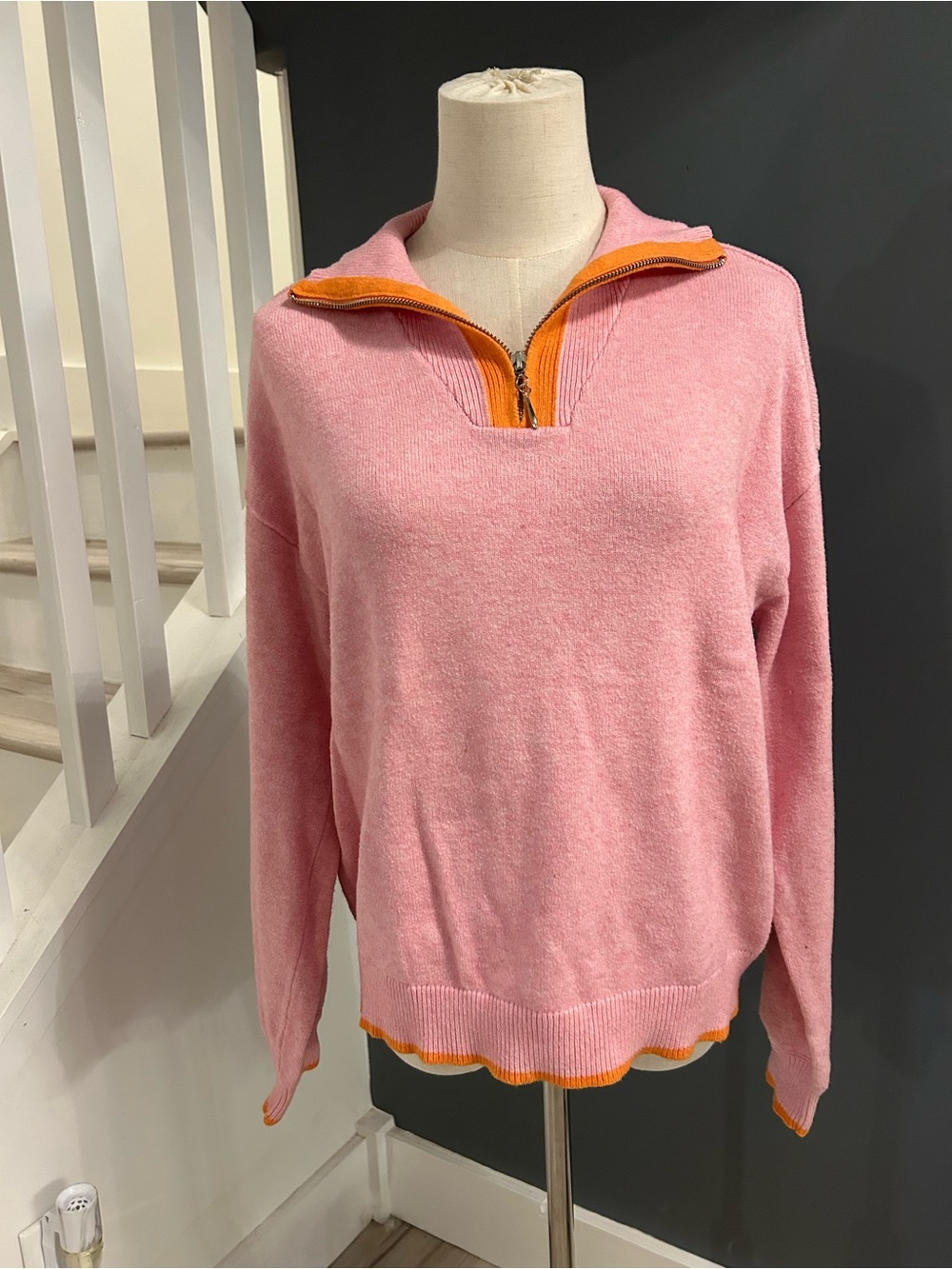 Charlie B Pink & Orange Contrast Quarter-Zip Super Cozy & Soft Sweater sz L